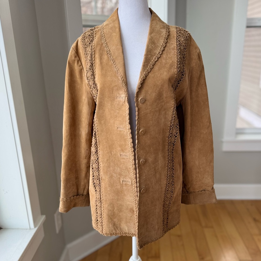 Coldwater Creek Tan Genuine Suede Leather Crochet Shacket Jacket Medium Vintage